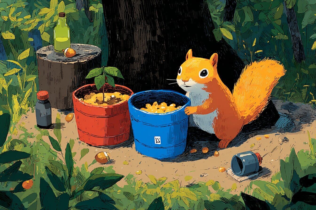 A small squirrel named Twitch sits beside neat piles of acorns under a big oak tree in a dewy morning forest.