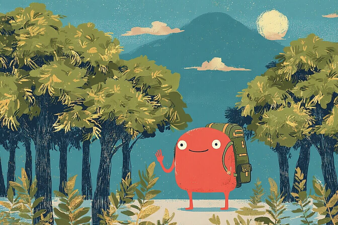 A small blue alien gazes up at tall park trees beside two friendly children near a pond.