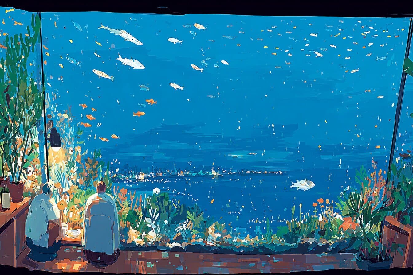 A child watches softly glowing fish in a moonlit aquarium dome while friends sleep nearby.