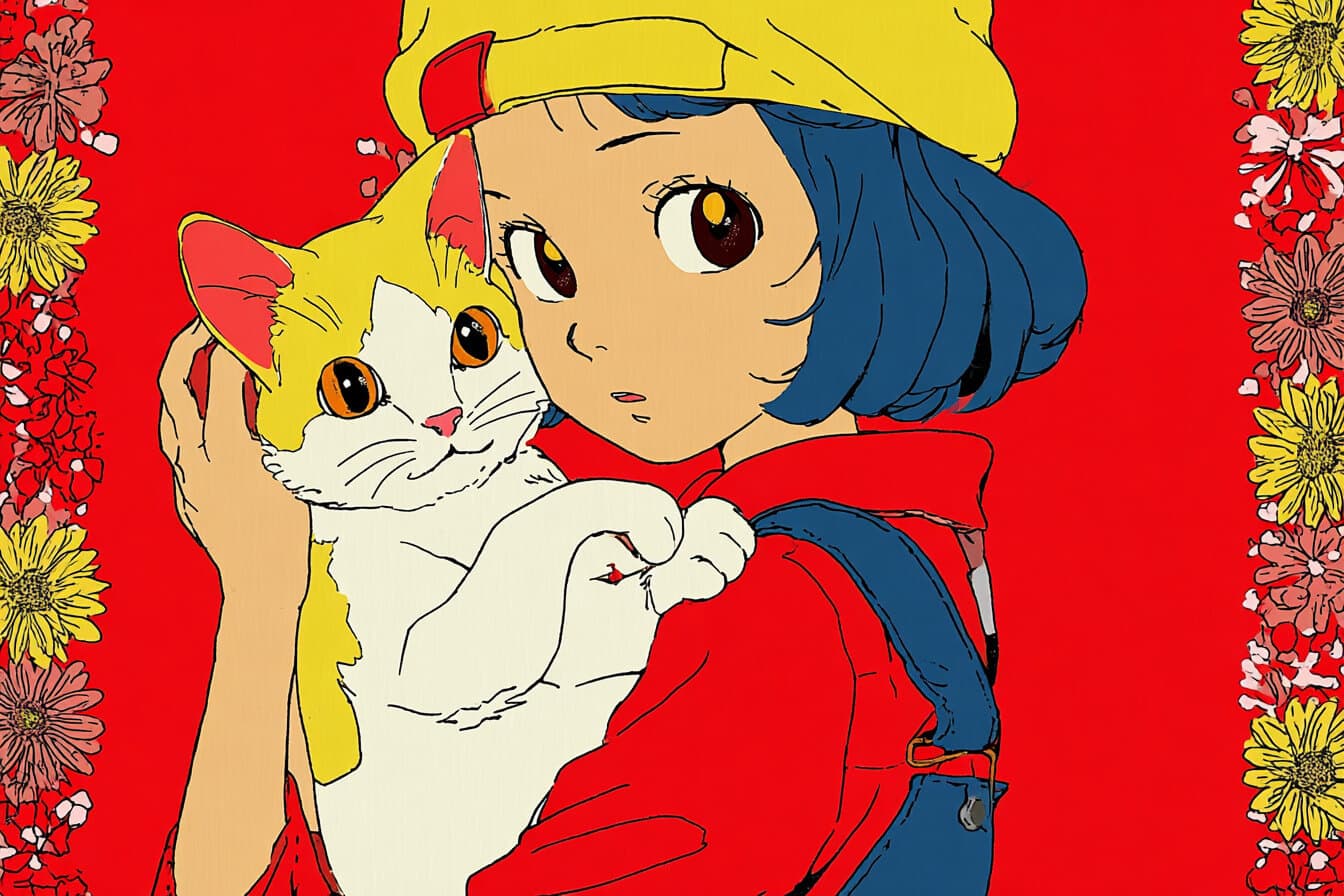 A tiny fairy glowing on a porch railing beside a child and a cat at sunset