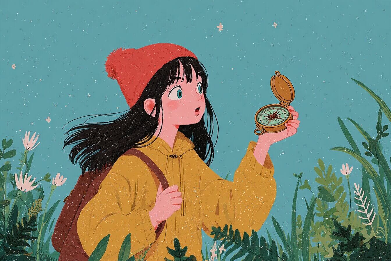 Teen girl holding a small silver needle compass in a quiet antique shop, warm light on autumn leaves outside.