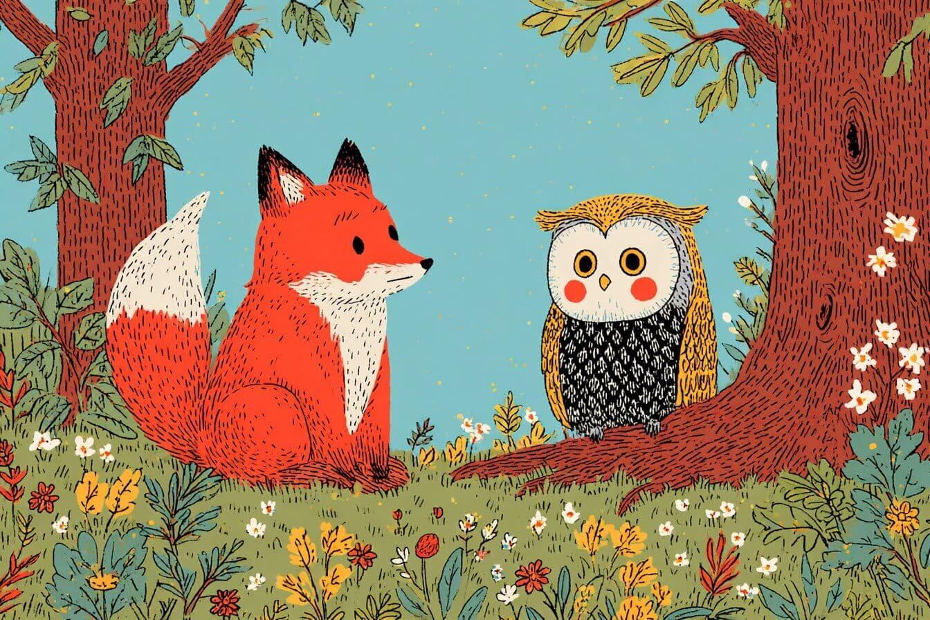 A small fox and an owl press their ears against a glowing oak tree in a moonlit meadow surrounded by fireflies.