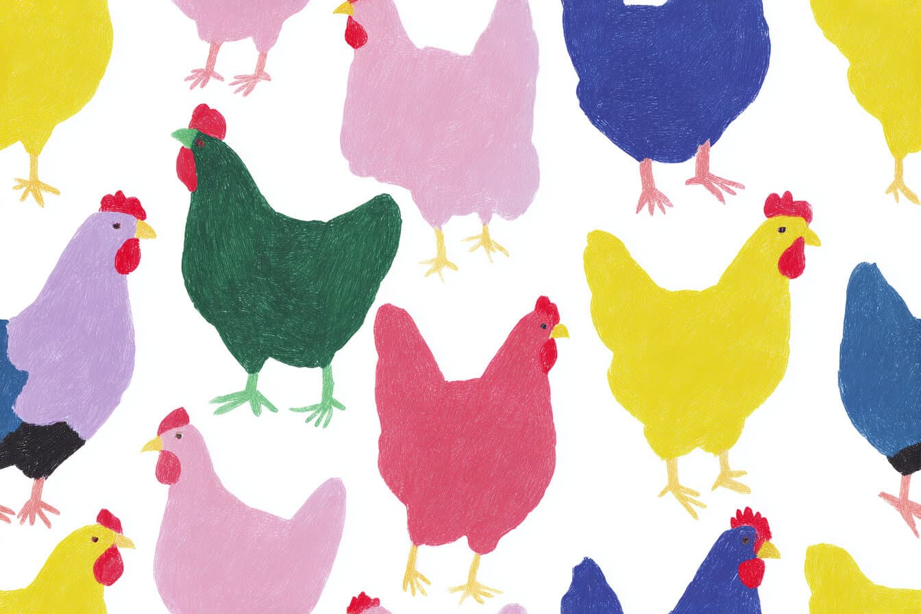 A child watching rainbow colored chickens near a cozy farm coop at sunrise