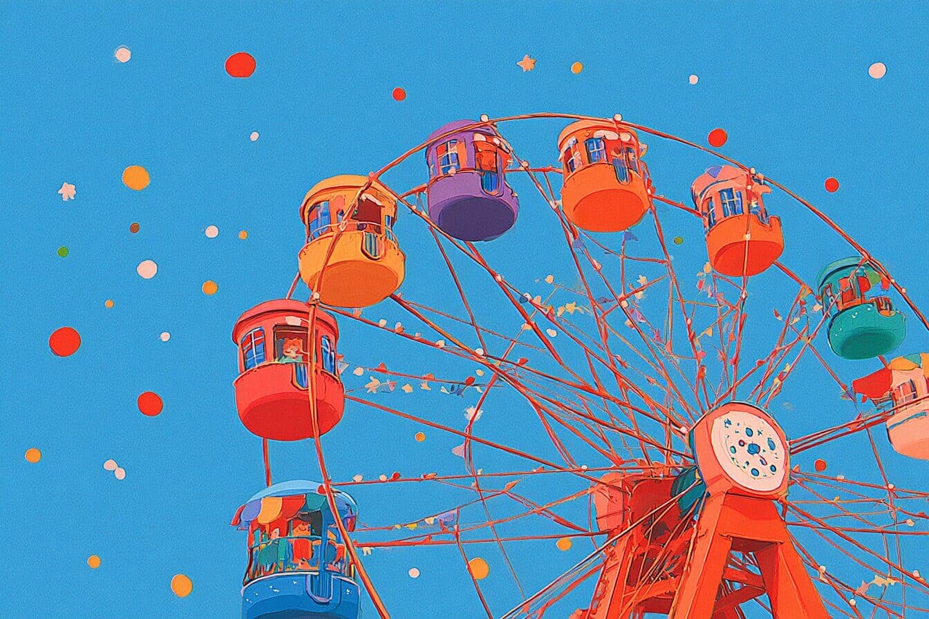 A child rides a glowing Ferris wheel above a quiet carnival while a small star rests warmly in their hands.