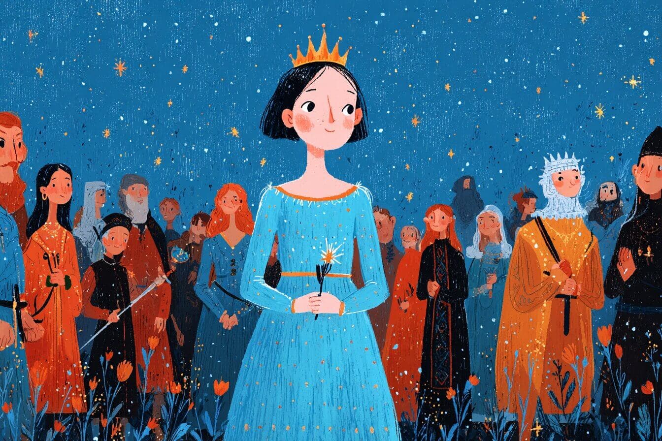 A gentle girl in a moonlit garden holds a softly glowing glass slipper while roses shimmer nearby.