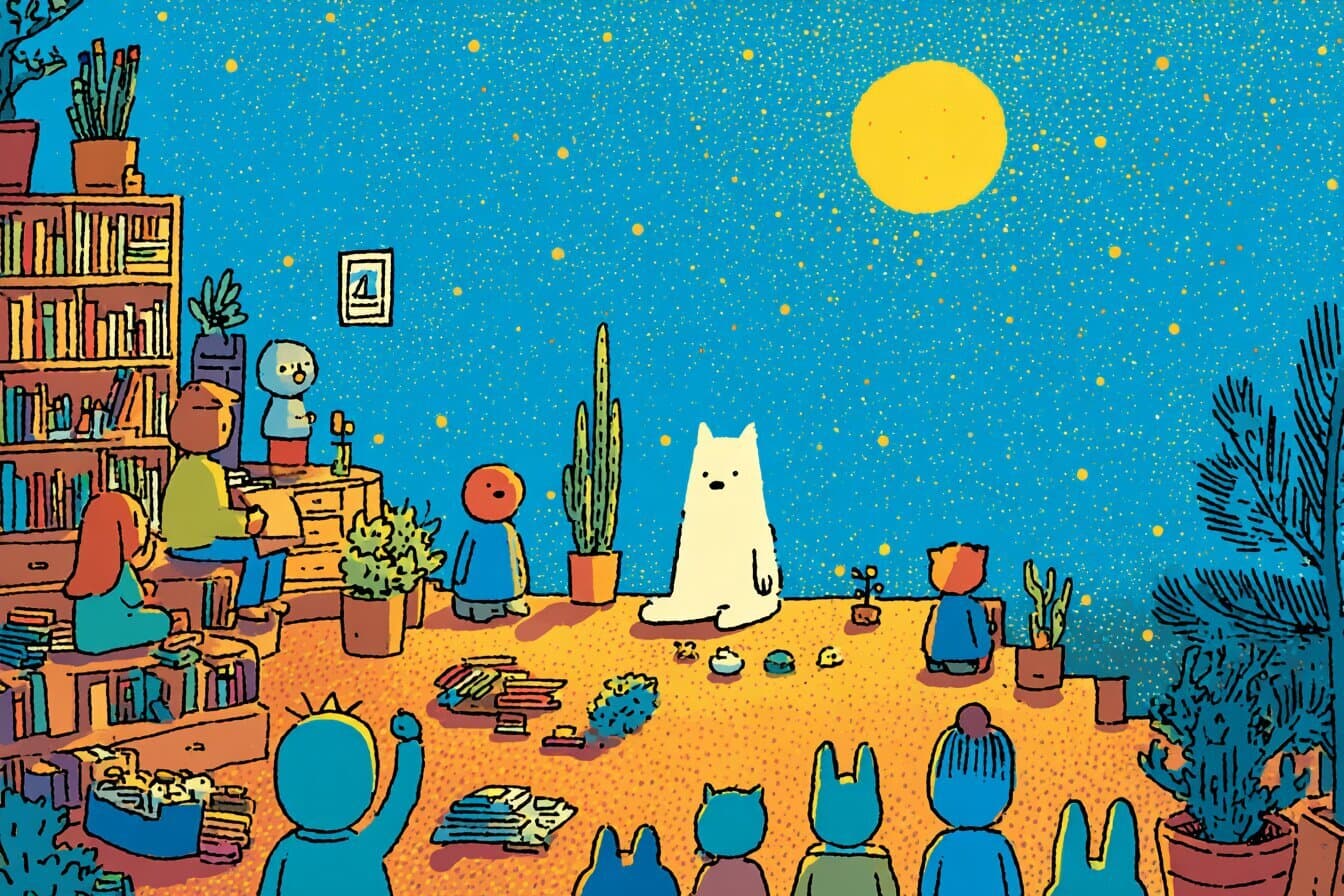 A moonlit classroom where crayons, books, and craft supplies gather for a gentle midnight carnival.