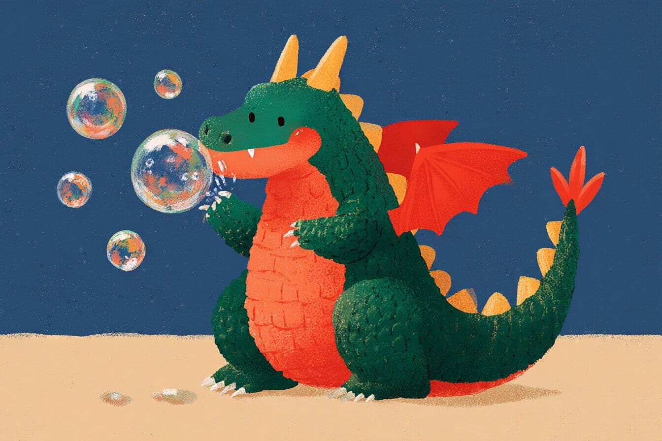 A friendly young dragon releases floating bubbles that glow softly above a quiet village at dusk.