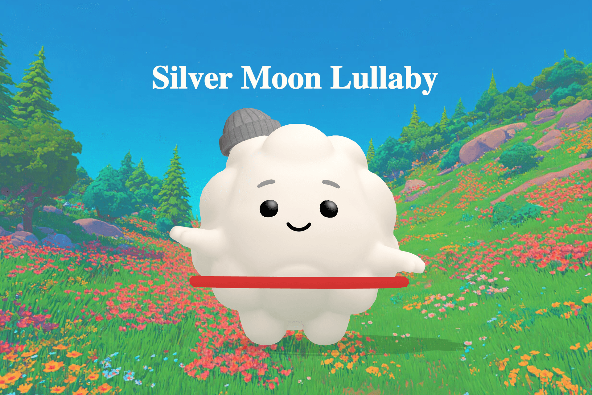 A soft silver moon glows above a peaceful meadow where gentle lambs rest beneath twinkling stars.