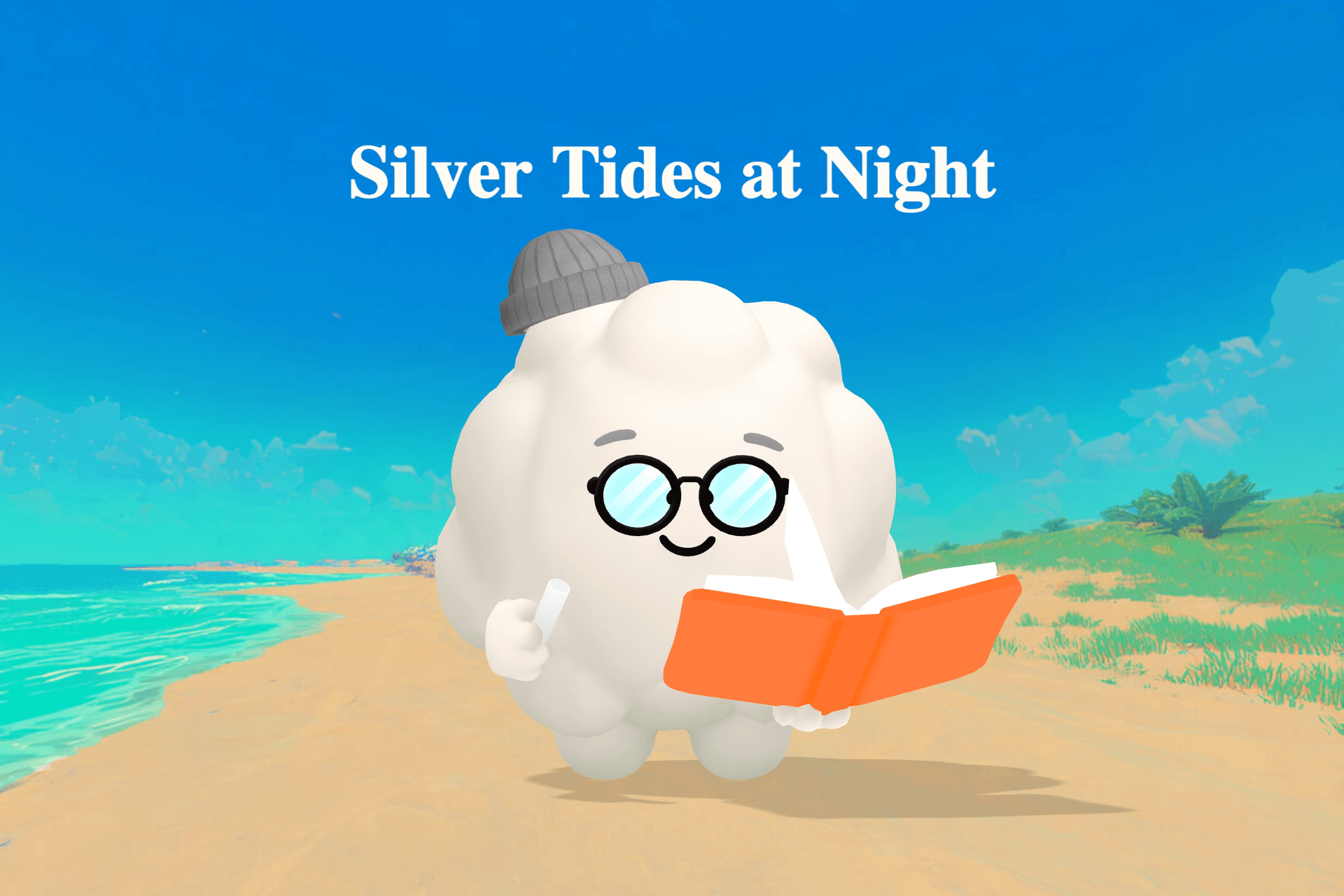 A soft, dreamy nighttime ocean scene with silver moonlight reflecting on calm dark water and a distant harbor glowing with gentle lights.