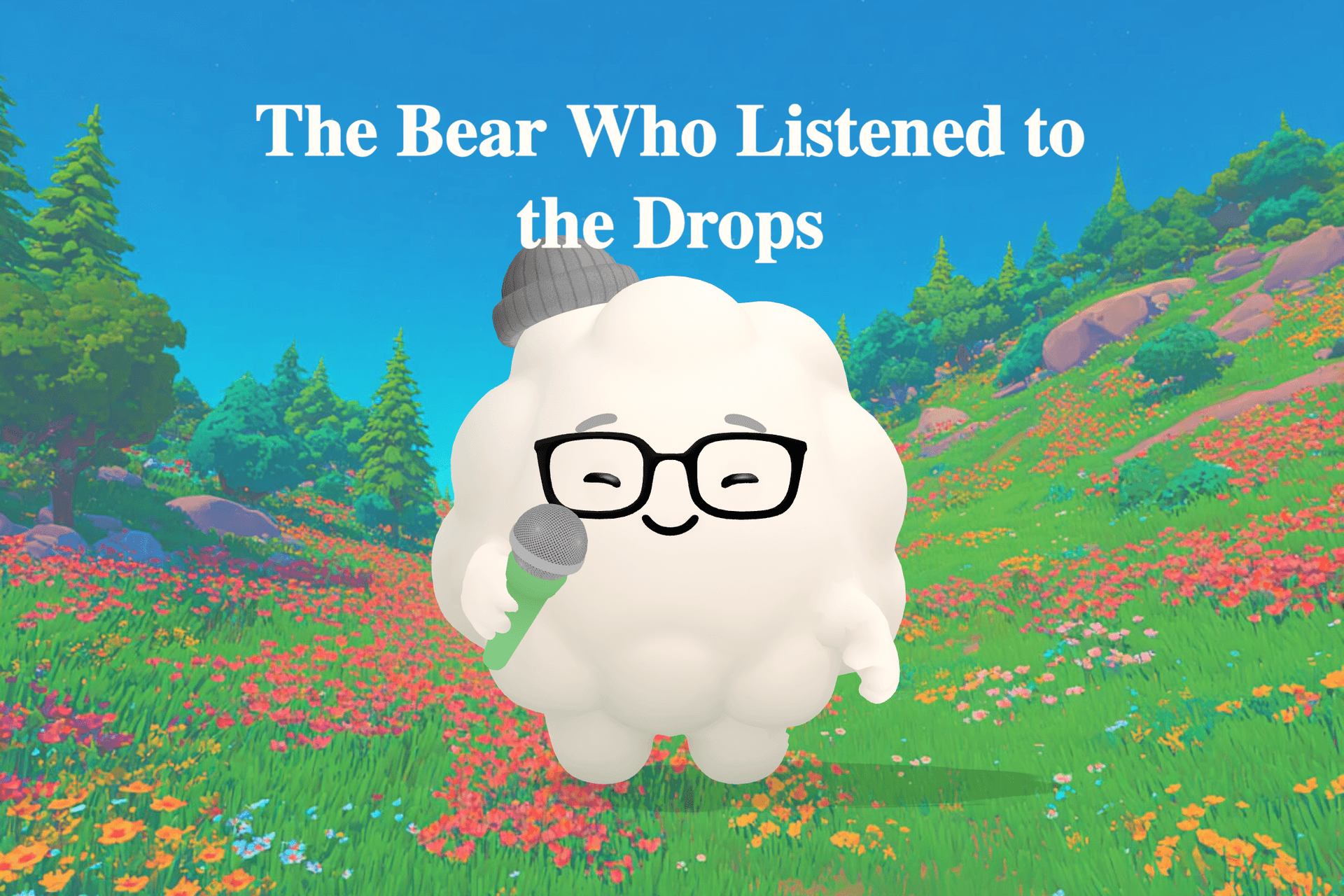 A gentle brown bear named Oren curled up on soft moss inside a dim cave, listening to water drops falling into a still pool.