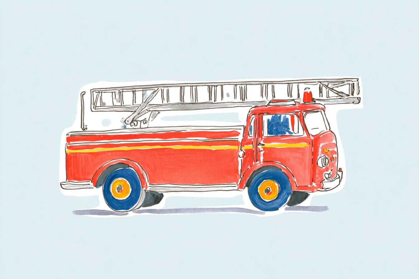 A bright red firetruck parked outside a city fire station at sunset