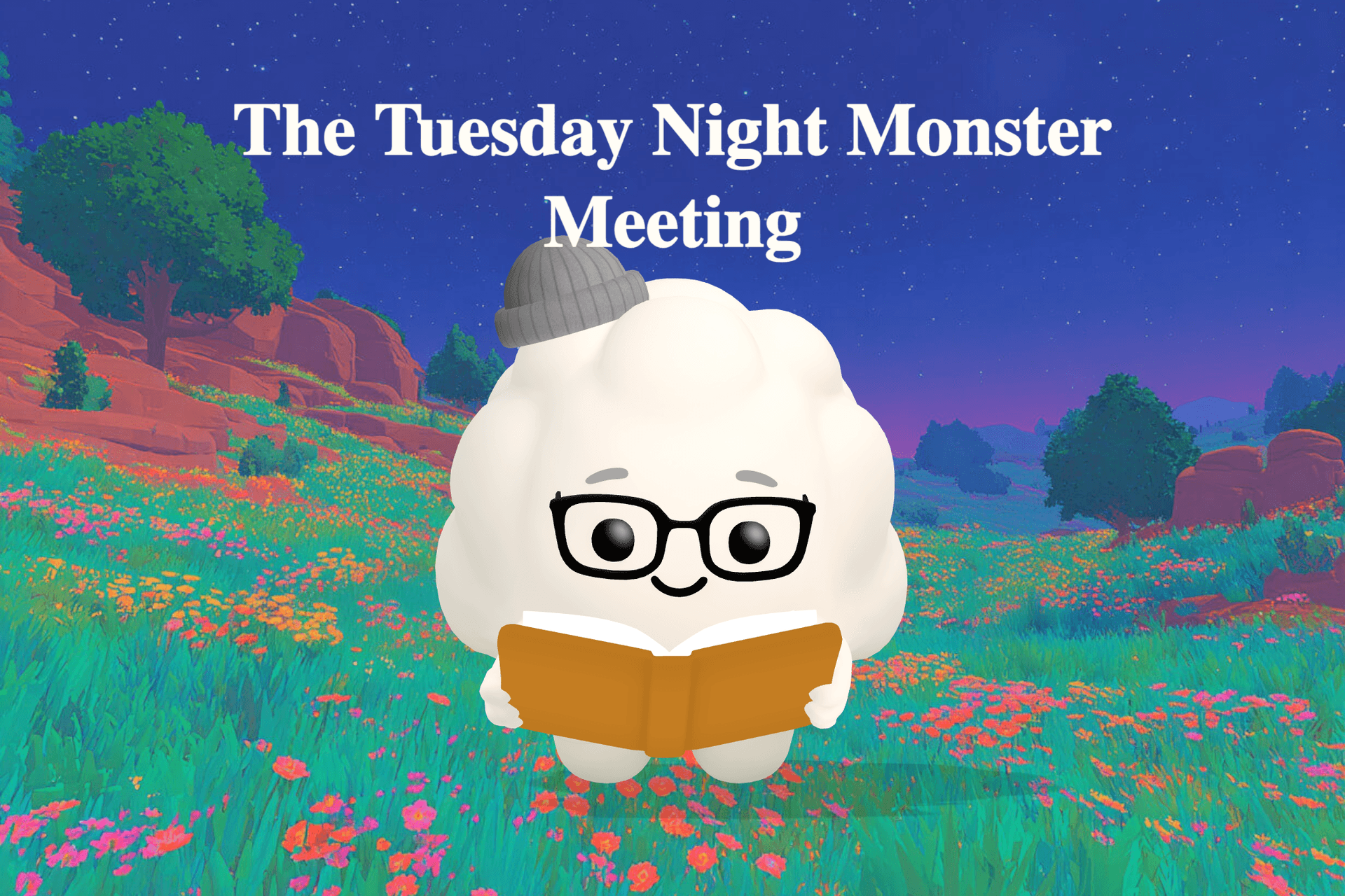 Colorful friendly monsters sitting together in a cozy basement surrounded by books, folding chairs, and moon shaped crackers.