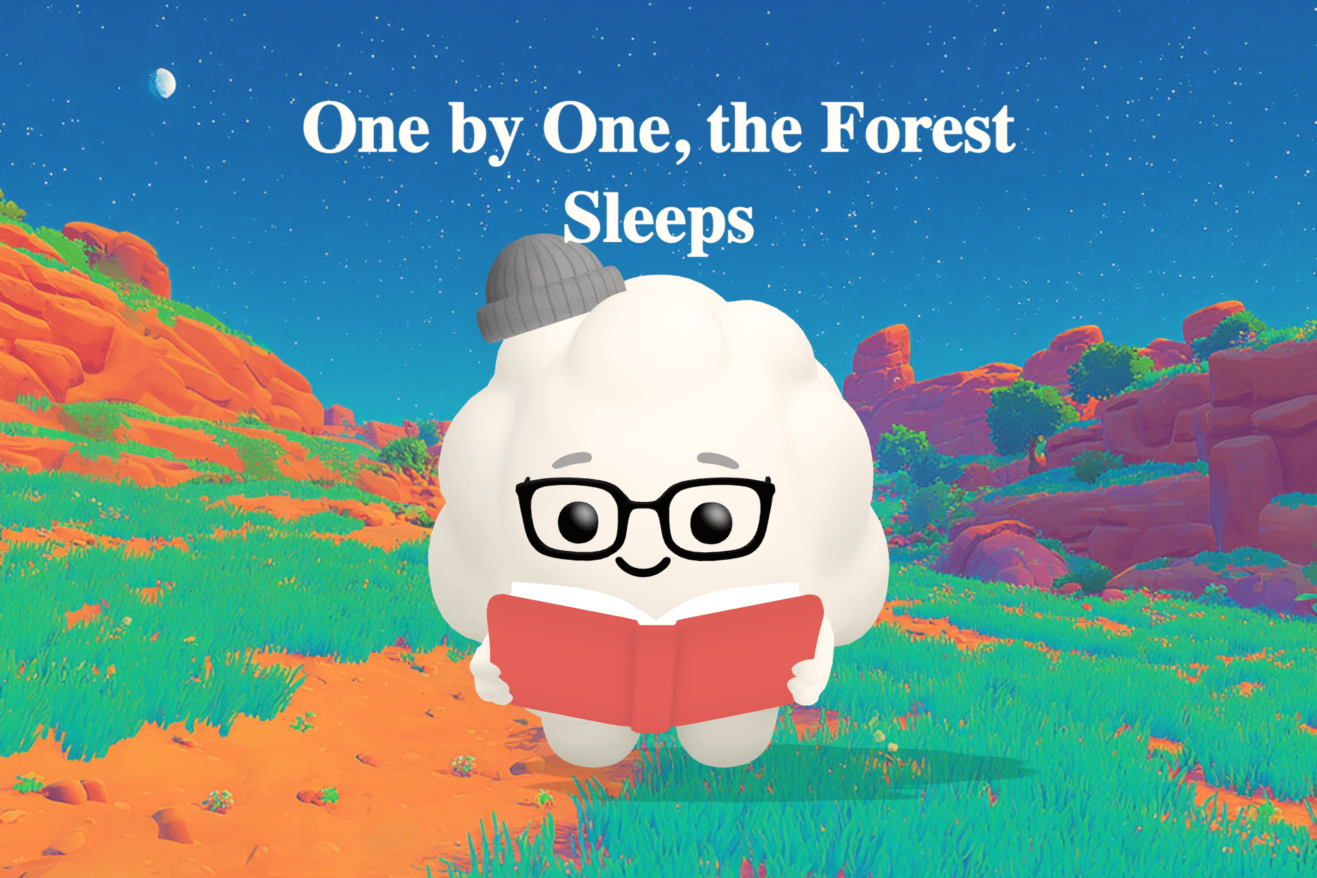 A moonlit forest scene with a bear sleeping in his den while an owl, rabbit, fox, and fireflies settle into peaceful slumber among the trees.