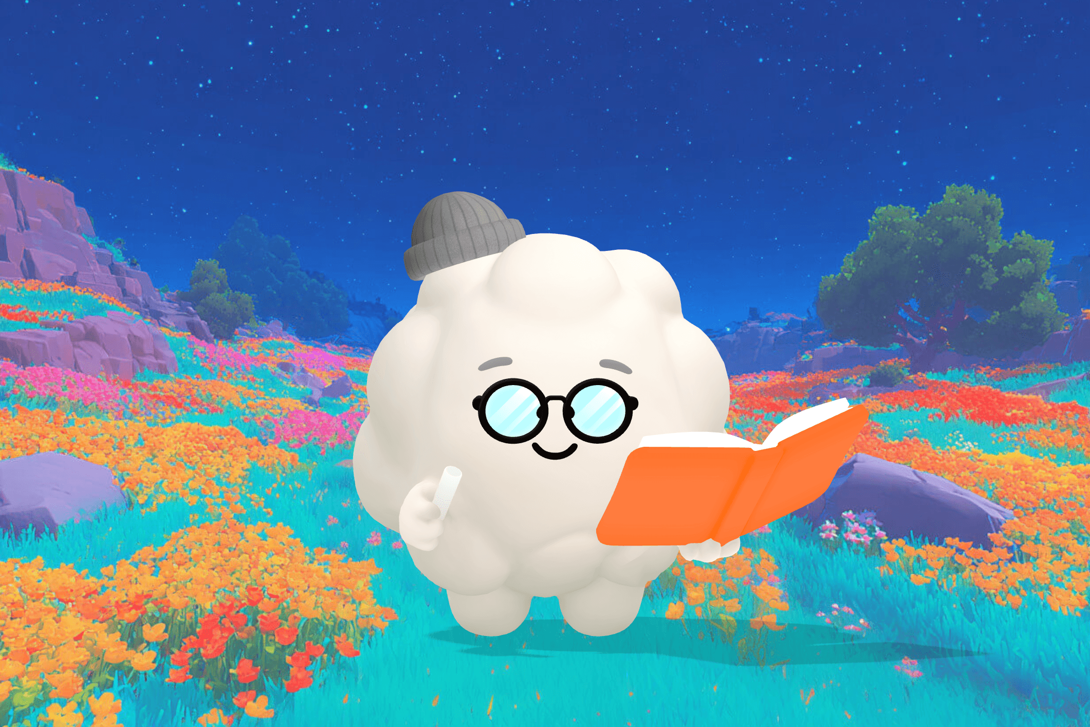 Cleo the Cloud, Sleepytale's friendly cloud companion, smiling beside a baby reaching for a soft wooden rattle on a play mat in a calm, softly lit nursery.