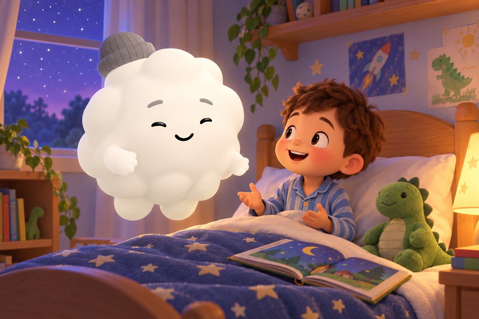 Cleo the Cloud, Sleepytale's friendly cloud companion, floating beside a young child in pajamas who is chatting with her at bedtime in a cozy lamp-lit bedroom.