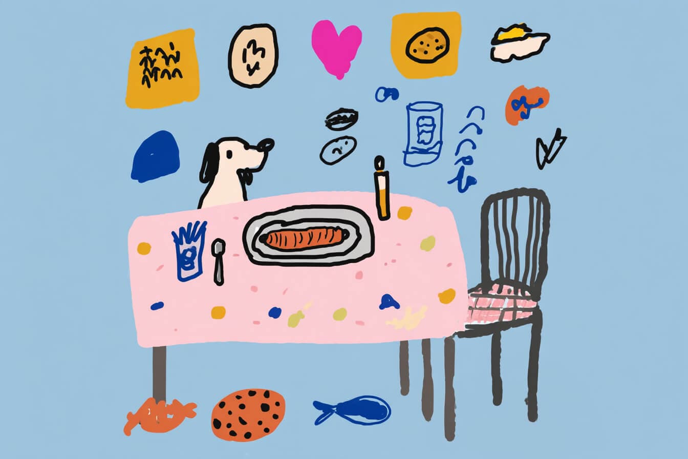 A child in a chef apron laughing with a dog beside a kitchen table