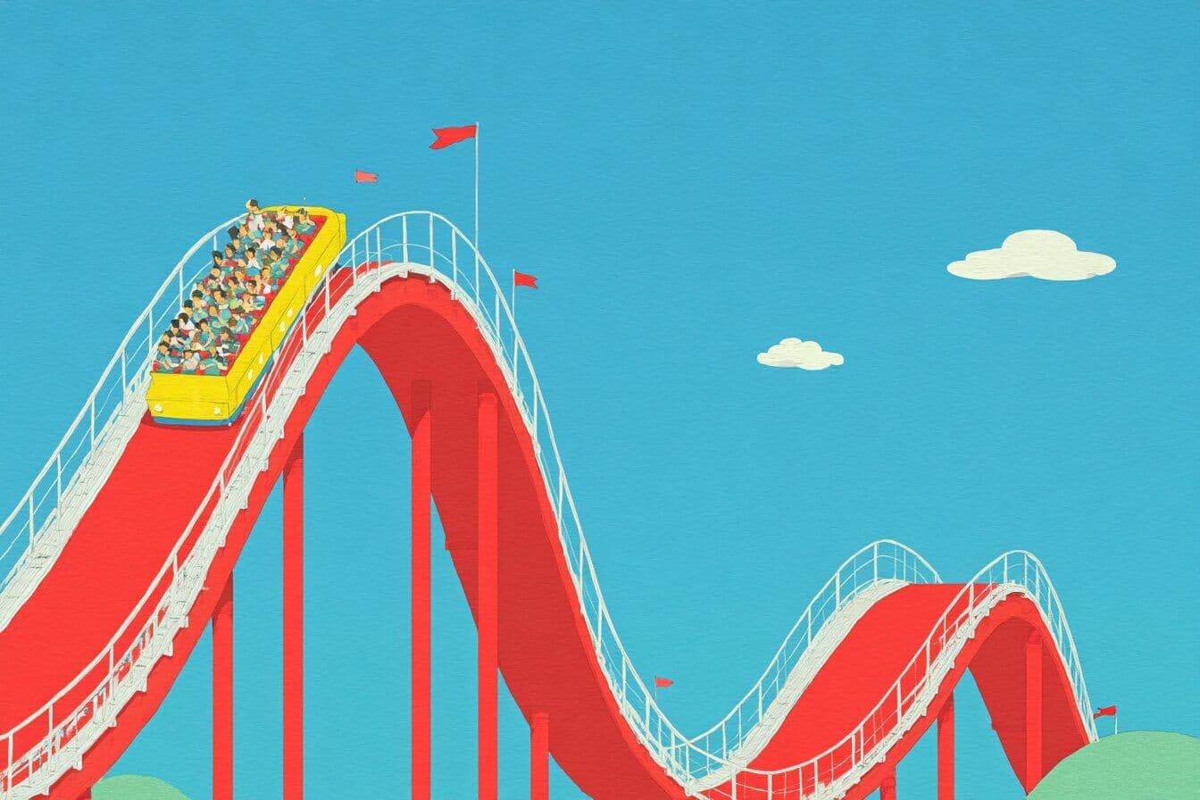 A child rides a purple roller coaster car through a glowing tunnel at a cheerful amusement park.