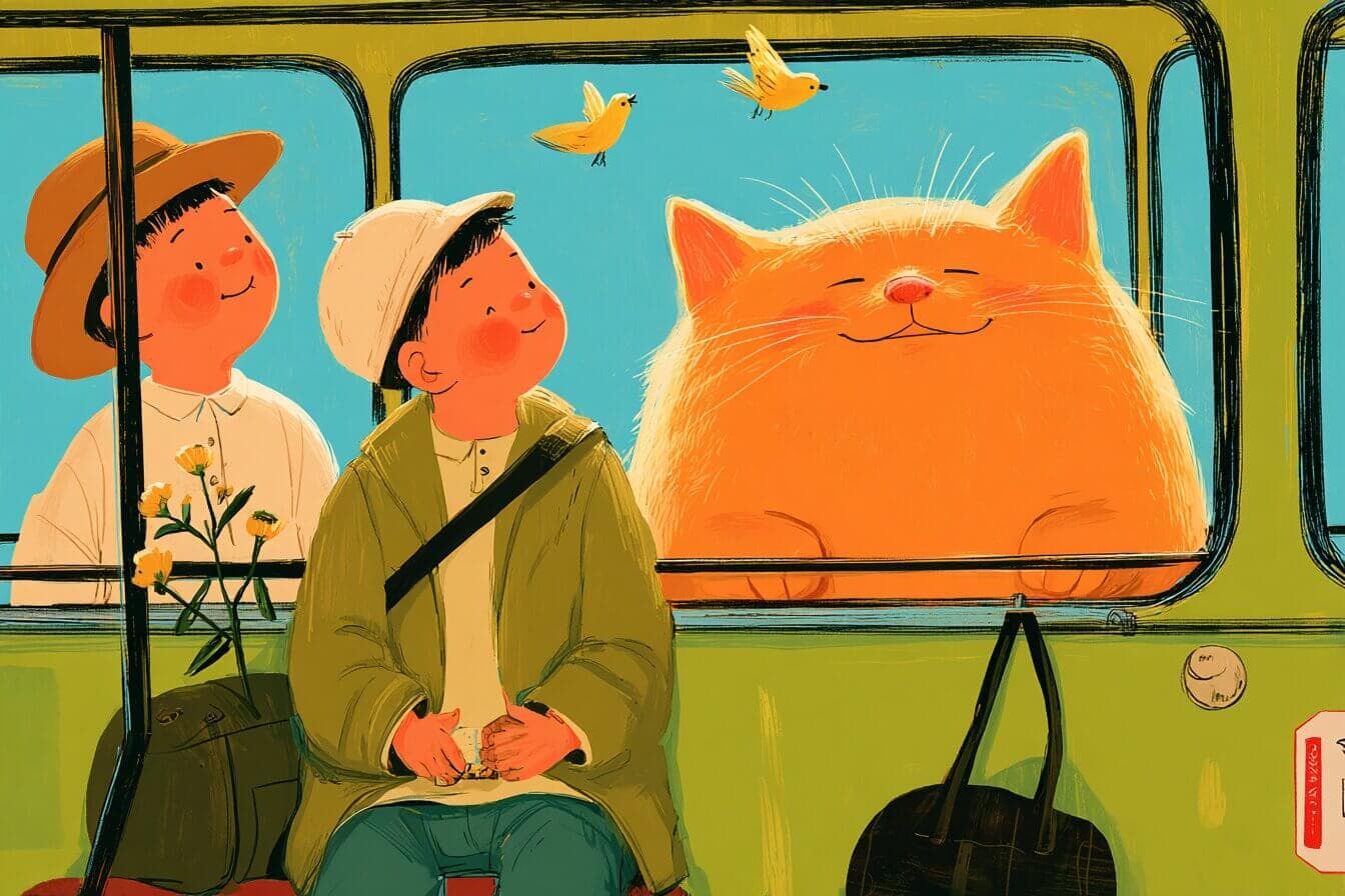 A child sits on a school bus beside a large orange cat while holding a lunch box and looking calm.