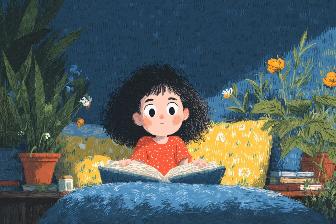 A girl kneeling in a dim attic corridor, shining a flashlight under a robin's egg blue door while holding an old leather journal.