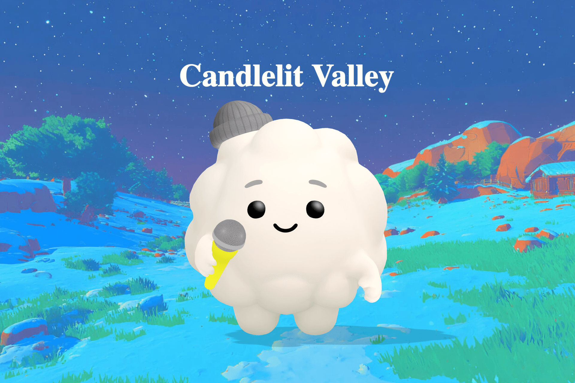 A soft candlelit valley bathed in silver moonlight with gentle stars above a quiet meadow and a tiny glowing lantern near a rocking cradle.