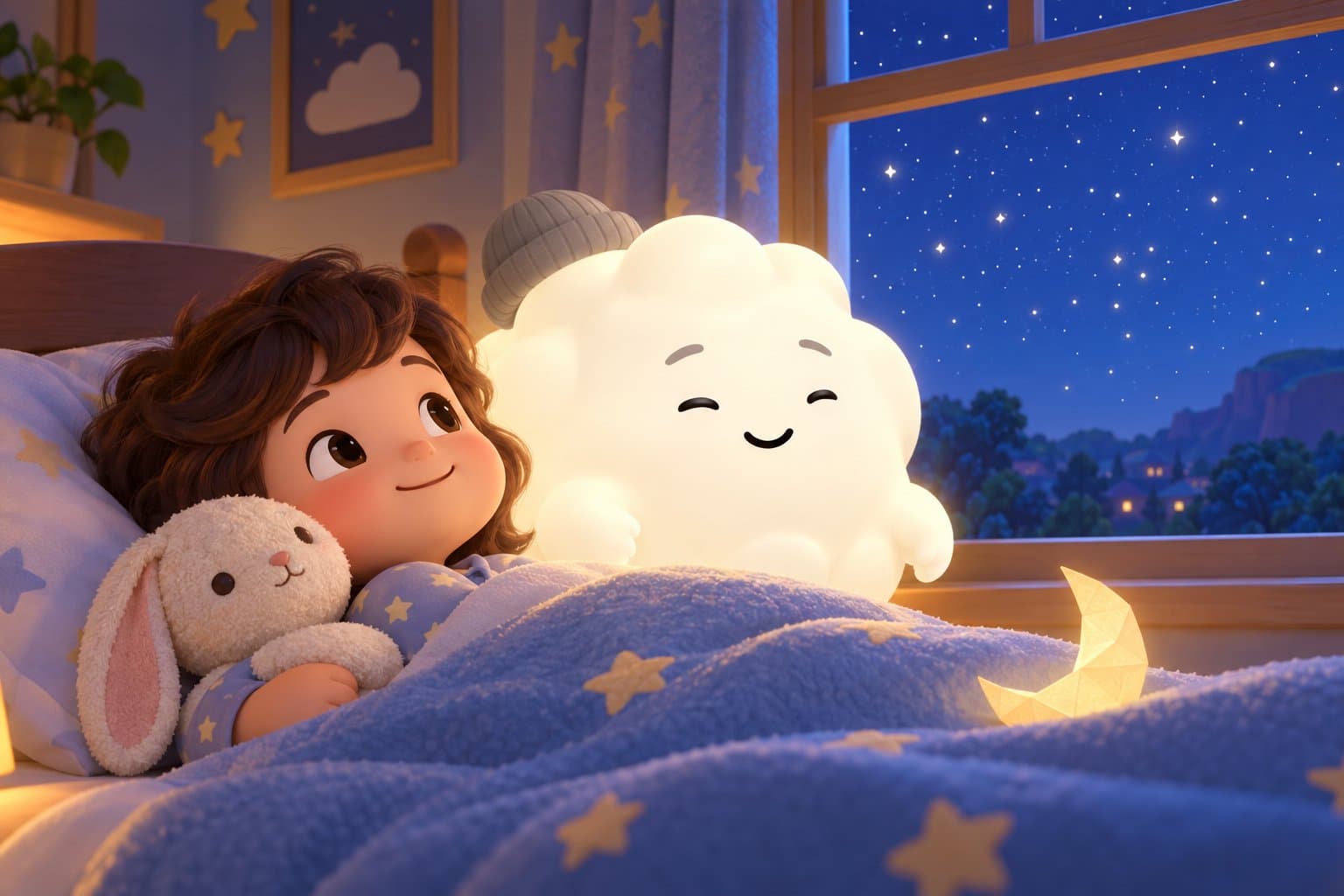 Cleo the Cloud, Sleepytale's friendly cloud companion, floating beside a child in pajamas who is chatting happily from a cozy bed with a stuffed rabbit.