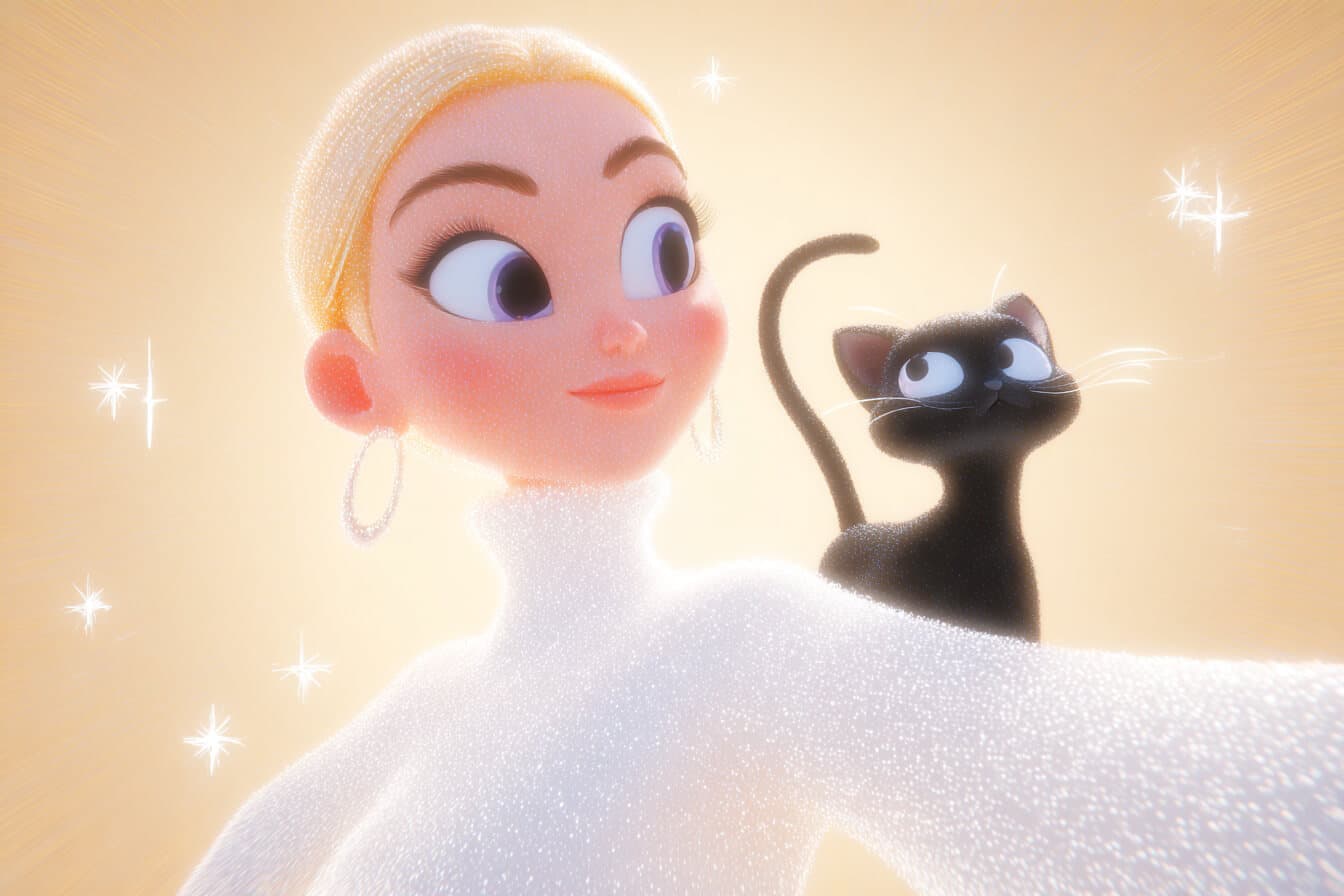 Figure skater gliding under moonlit arena lights with a black cat companion