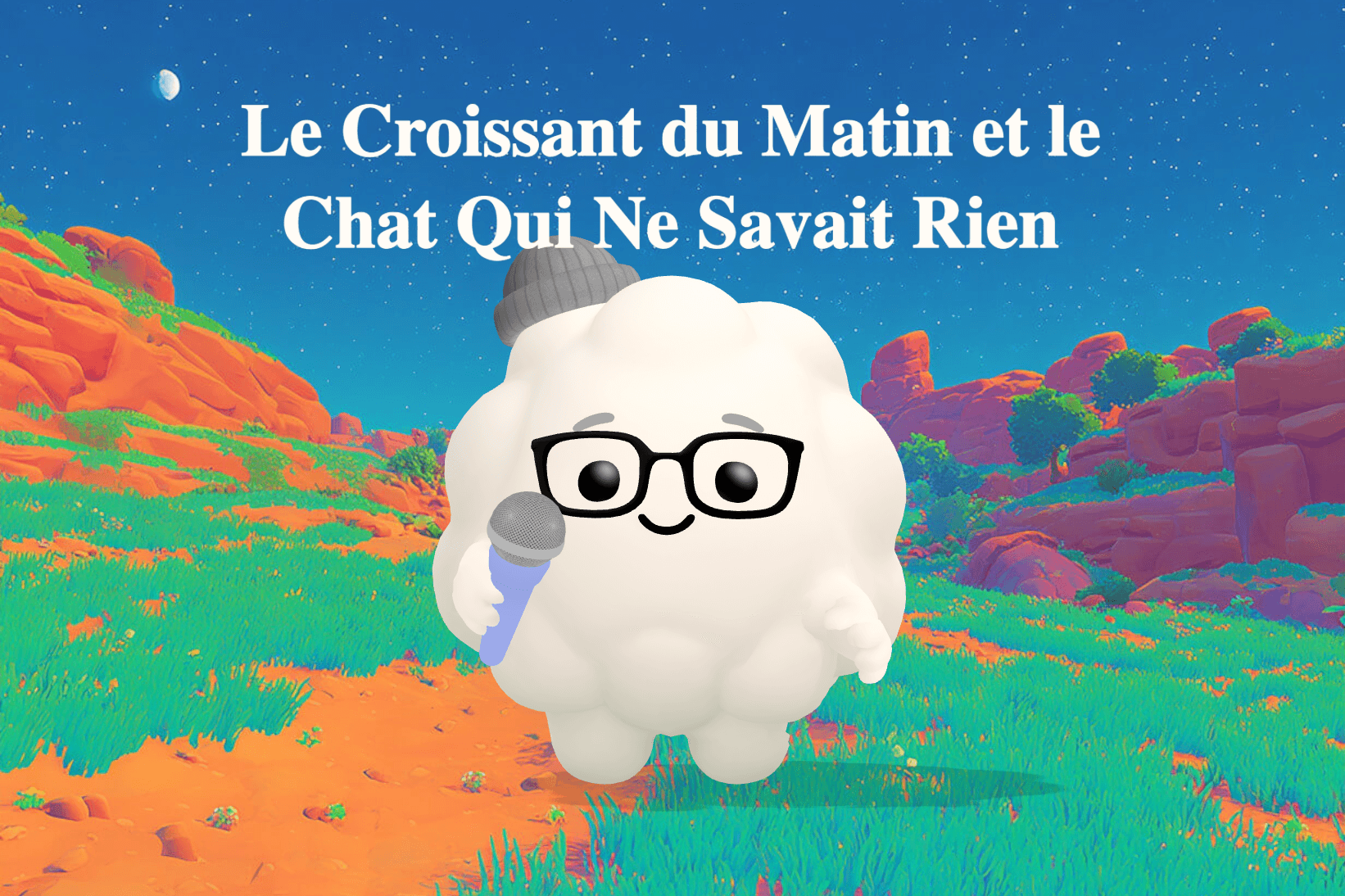 A small French bakery at dawn with a golden croissant resting on a snowy windowsill while a stray cat approaches along a quiet cobblestone village street.