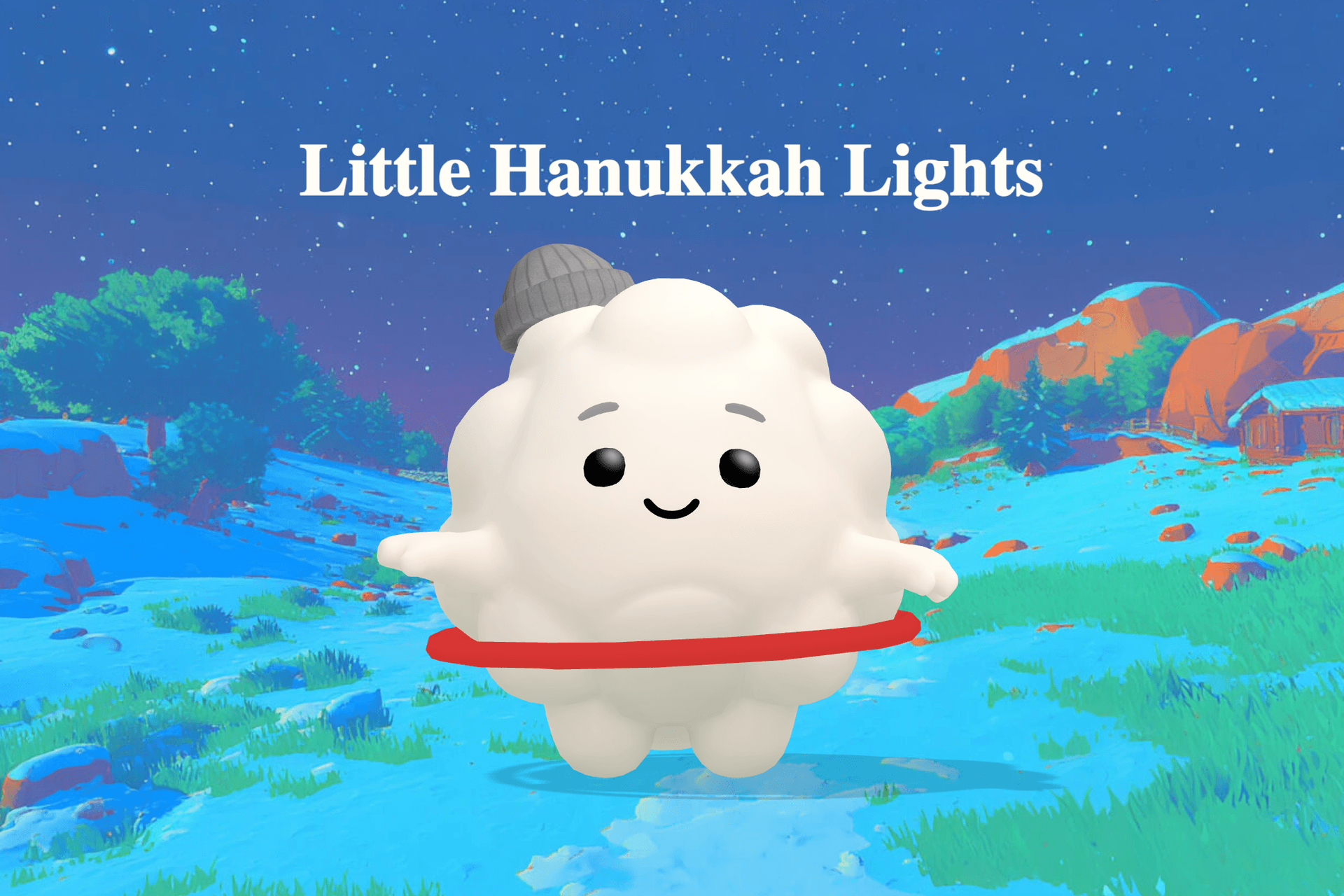 A soft, dreamy lullaby scene with glowing candles on a menorah, a resting dreidel, and starlight peeking through a cozy window.