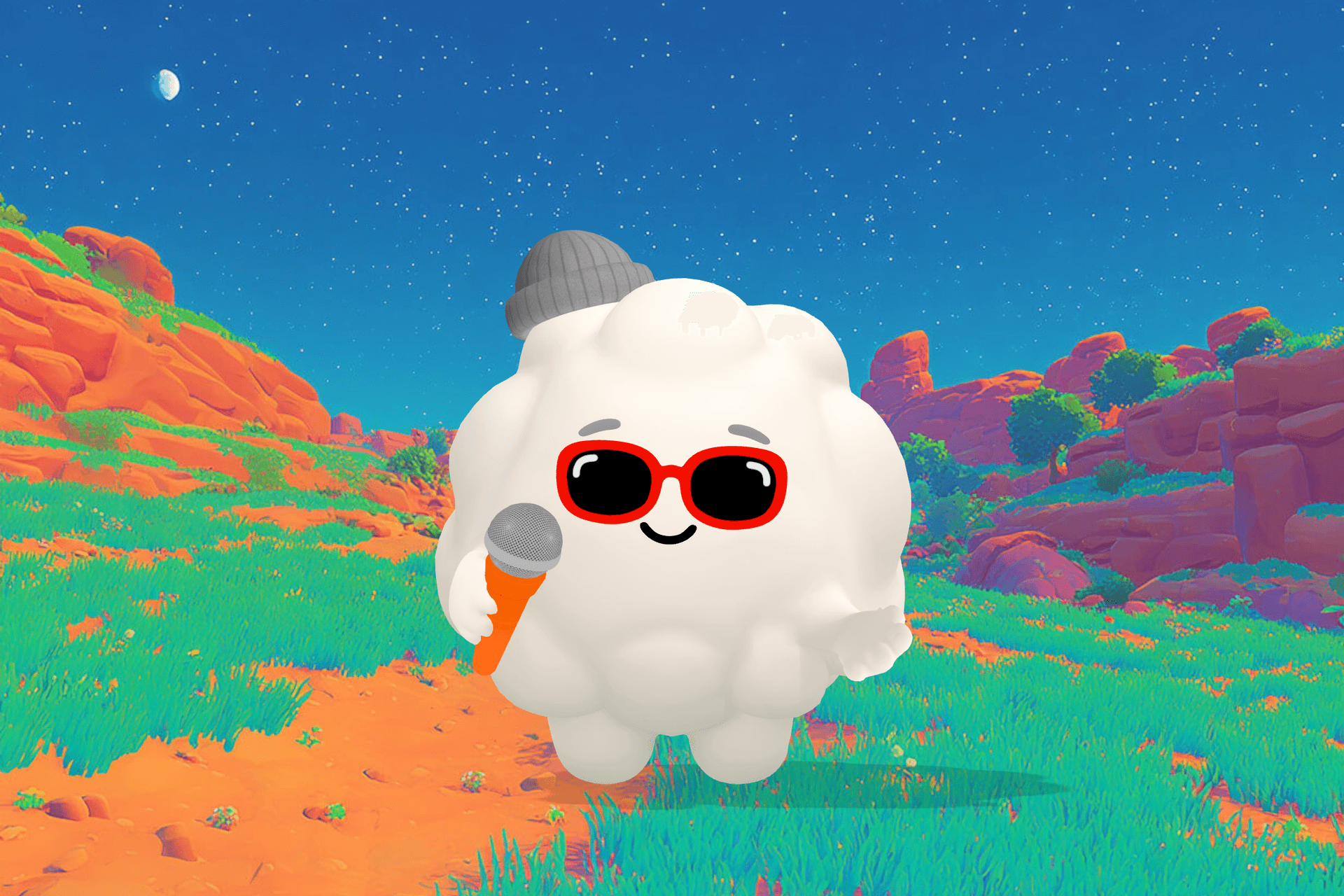 Cleo the Cloud, Sleepytale's friendly cloud companion, smiling beside two young children sharing a toy and comforting each other in a calm, warmly lit room.