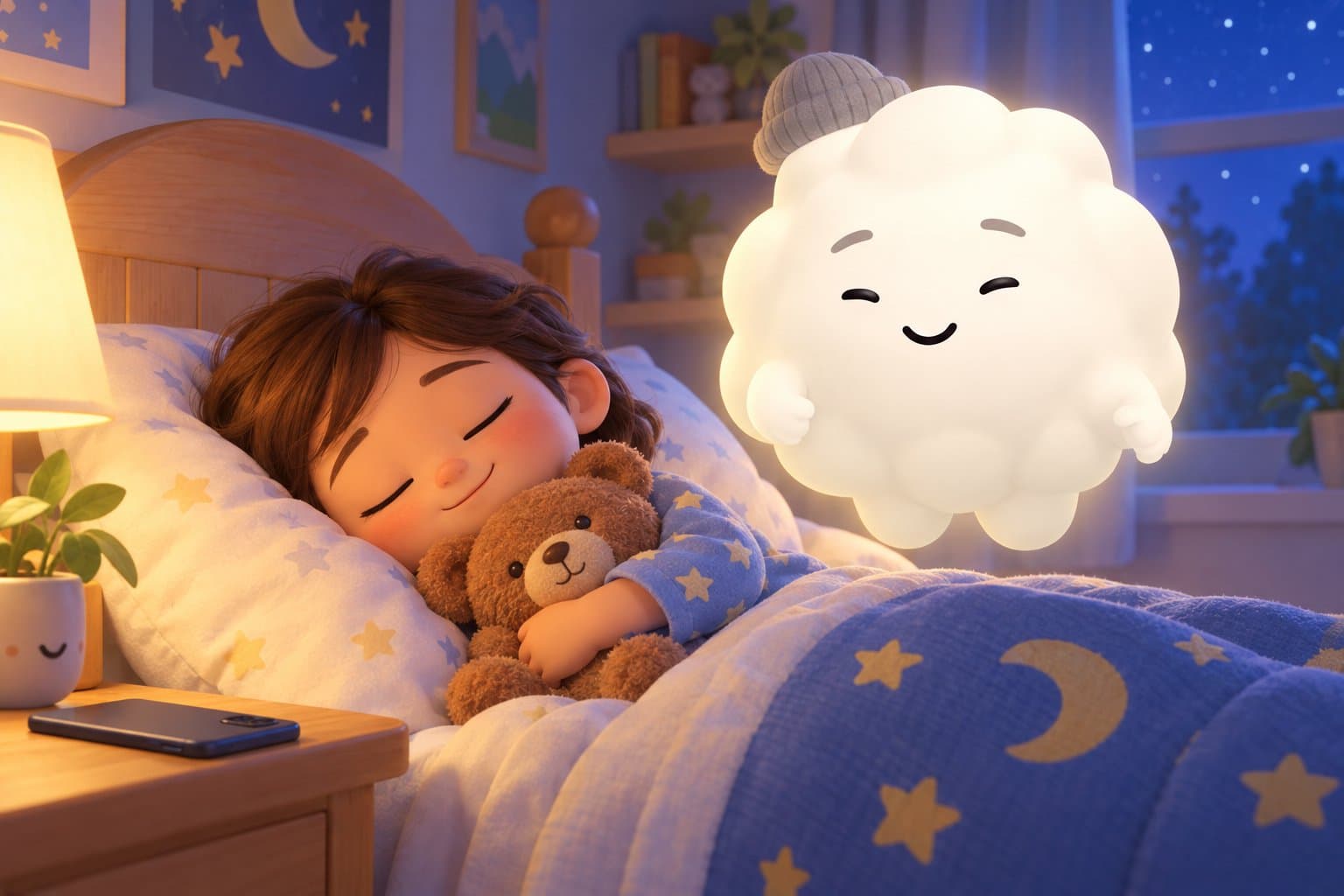 Cleo the Cloud, Sleepytale's friendly cloud companion, floating beside a child on a cozy bed while the child's parent reads a phone screen nearby.