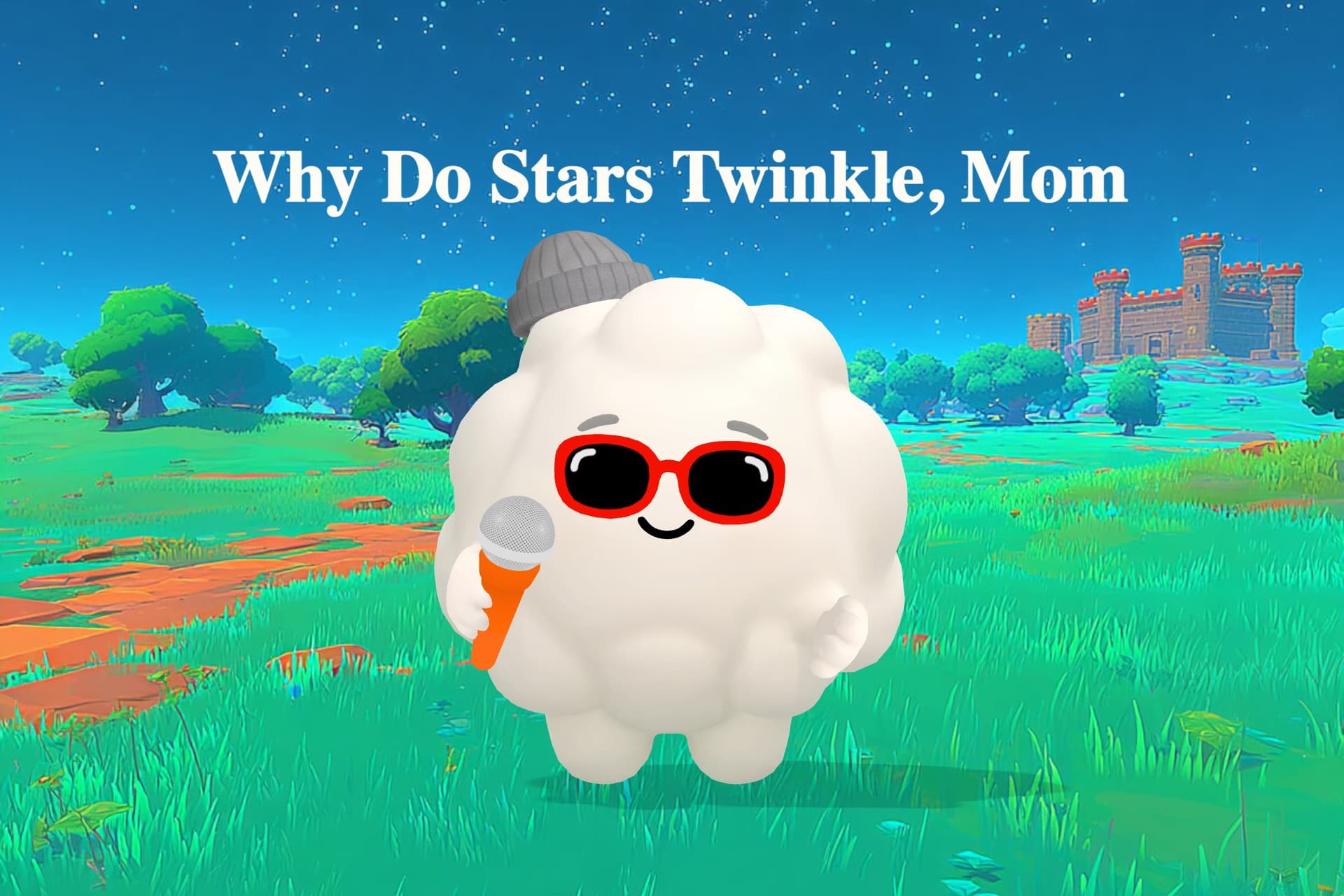 A boy and his mom sit by a windowsill at night, shining a flashlight through a jar of water while stars twinkle in the dark sky outside.