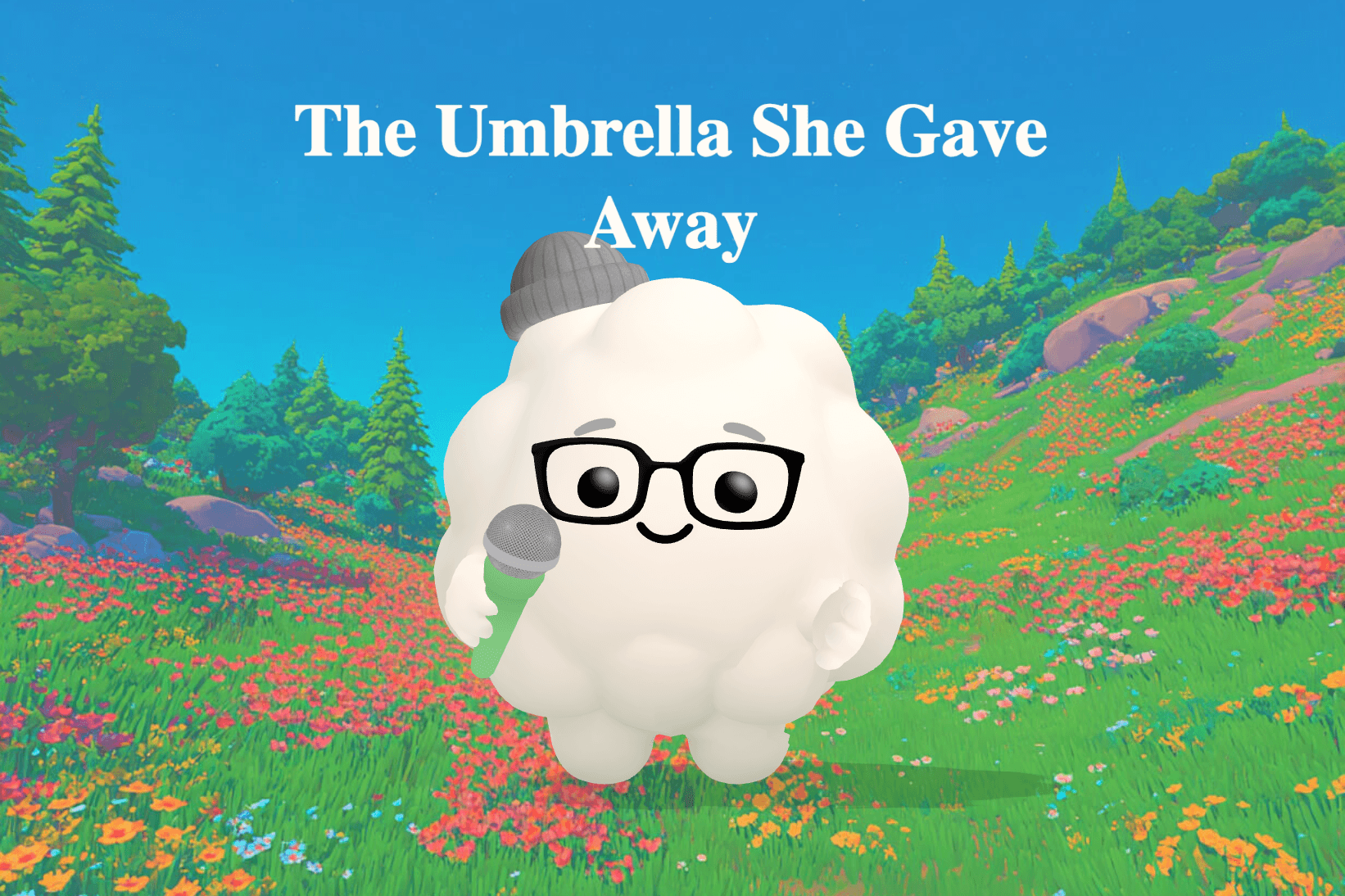 A girl standing outside her school in the rain, holding out a red umbrella with a bent wooden handle to a classmate.