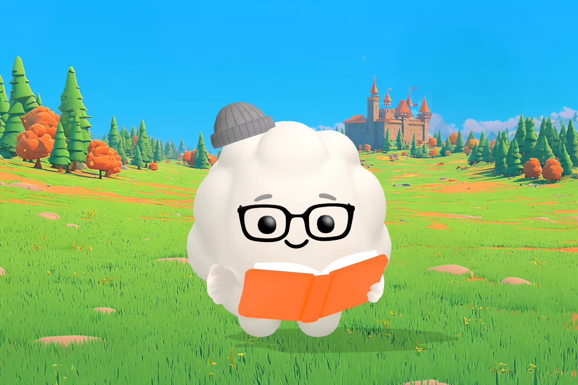 Cleo the Cloud, Sleepytale's friendly cloud companion, smiling beside a group of kids choosing fun story starters and imagining creative stories in a cozy, softly lit room.